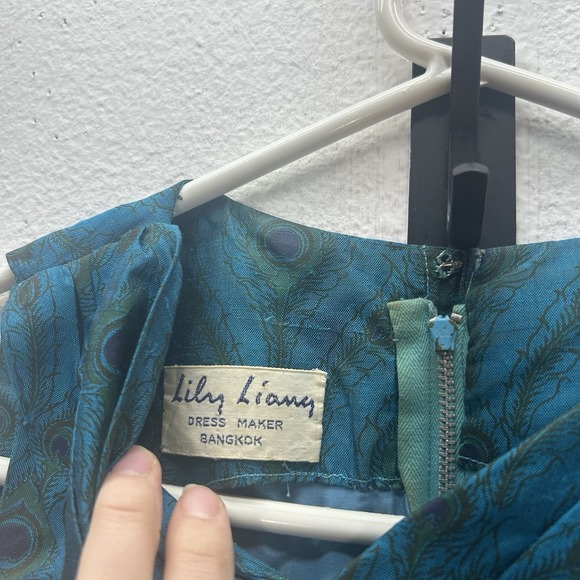 VTG 60s Blue Peacock Maxi Formal Dress Mod Cocktail XS Lily Liang Bangkok Asian - Picture 8 of 14